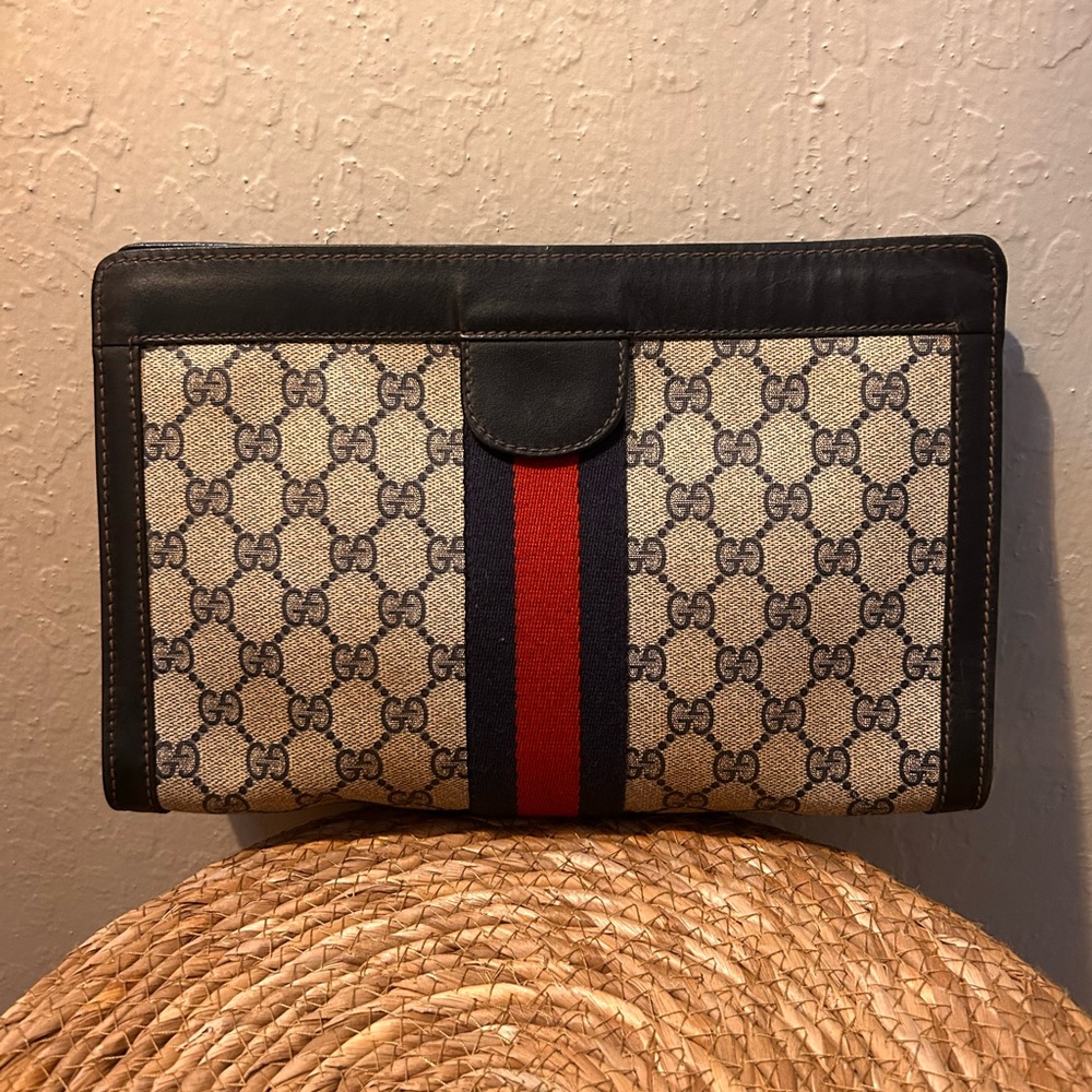 Gucci Beige Monogram Clutch with Red and Blue Stripe